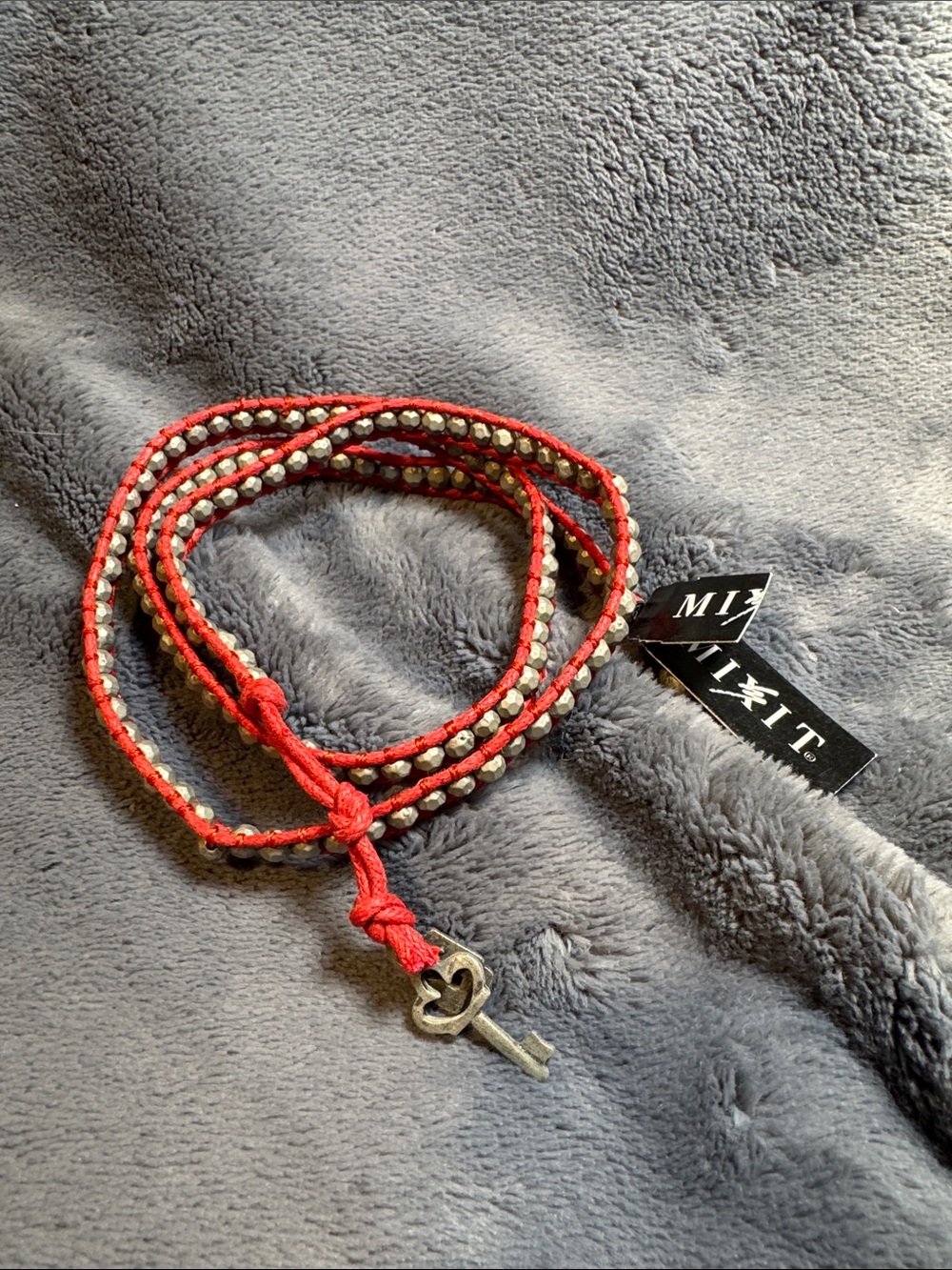 Mixit Red Cord Wrap Bracelet with Silver Beads, Lock and Key Charm